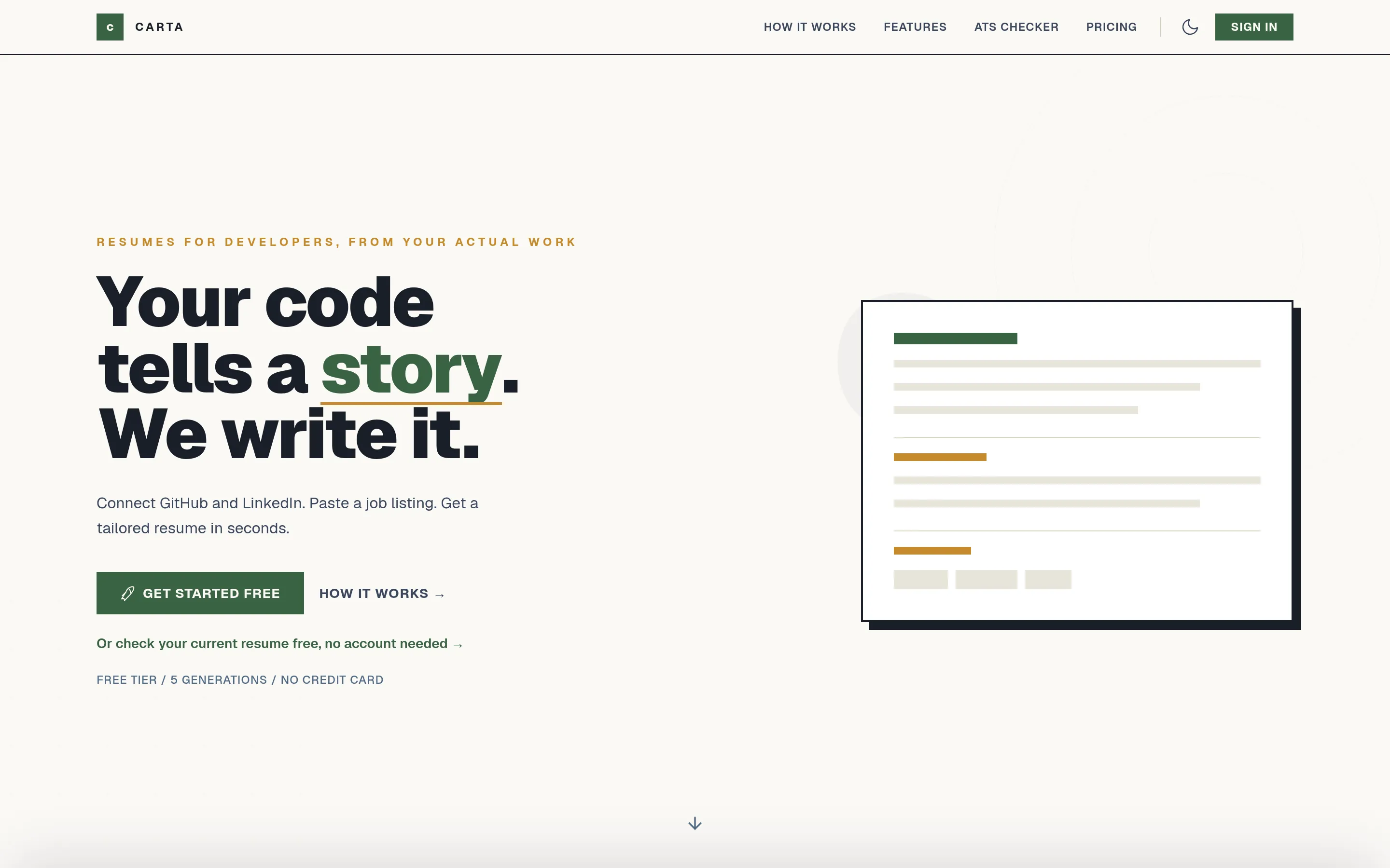 carta.cv home page. Headline: Your code tells a story. We write it. Beside it, a resume sketch.